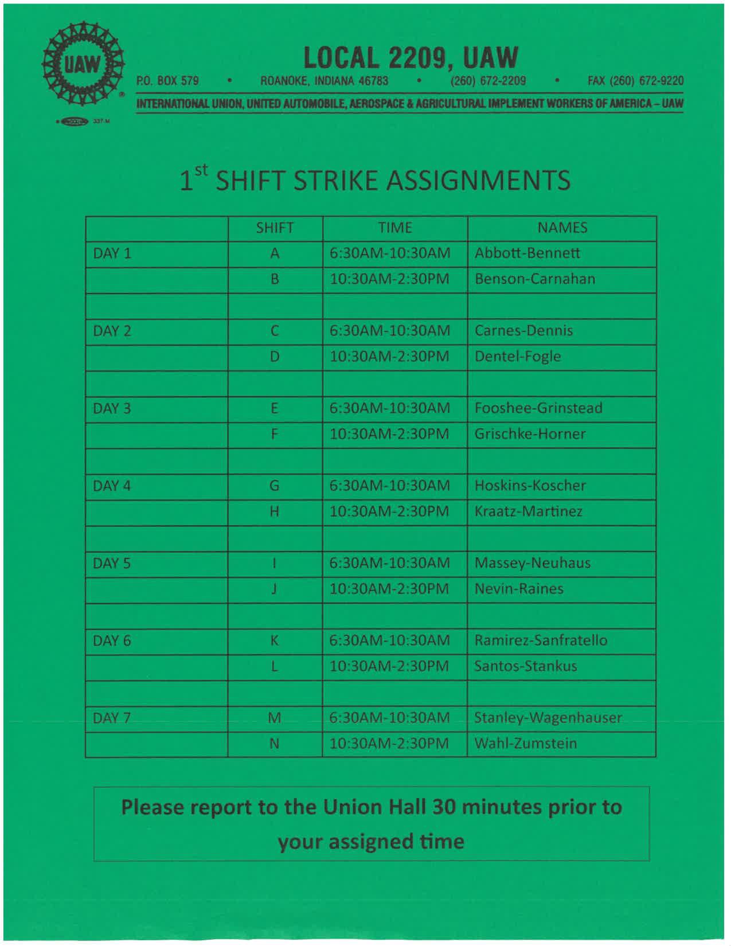 STRIKE ASSIGNMENTS UAW Local 2209